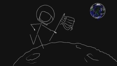 A stick figure with a flag landing on the moon. Clearly fake. It's a drawing.