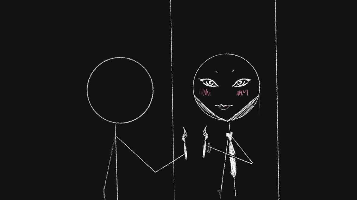 Stick figure looking in the mirror having painted a new face on the mirror.