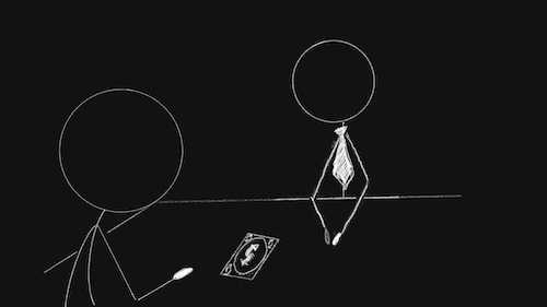Stick figures in an interview with a Uno Reverse card on the table